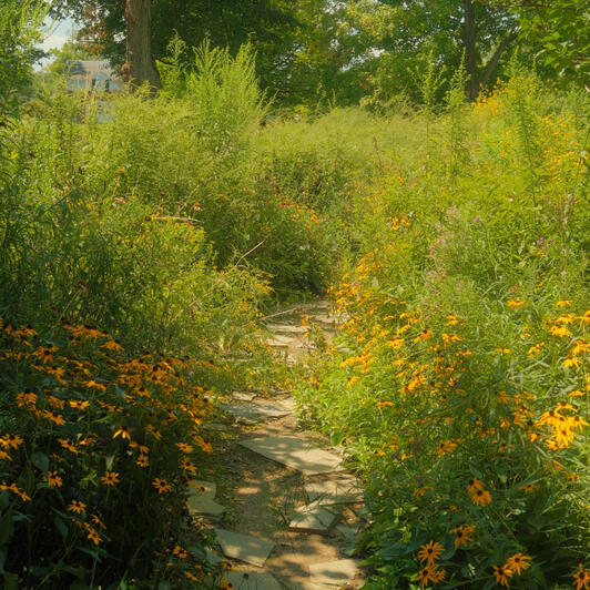 a little stone path in an overgrown meadow in summer