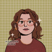 picrew picture of a girl with wavy brown hair and green eyes and gold glasses